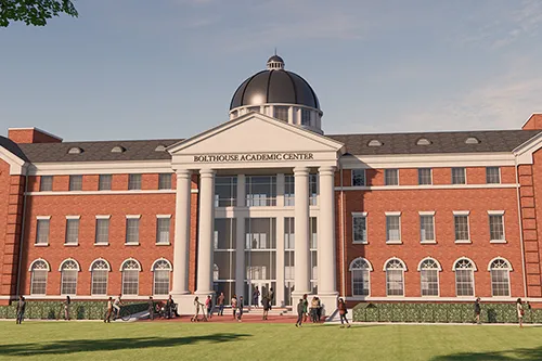 Rendering of Cedarville University's Bolthouse Academic Center, featuring a red-brick facade, white columns, and central dome.