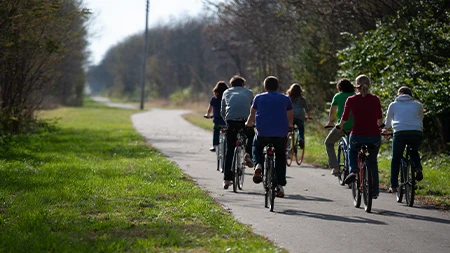 Students biking on path