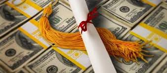 Diploma on pile of money