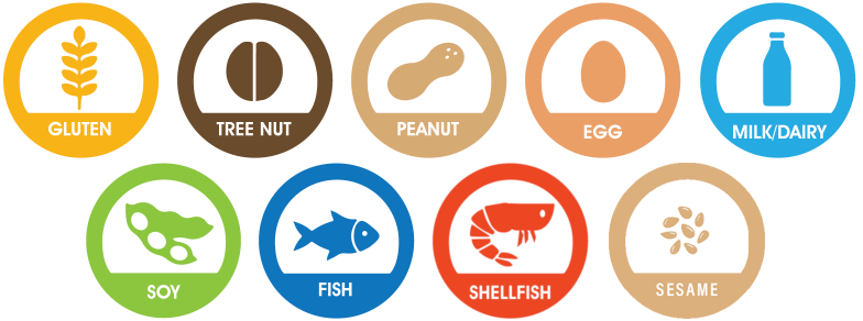 Icons for the 9 major food allergens: gluten, tree nut, peanut, egg, milk, soy, fish, shellfish, and sesame.