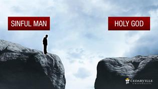 Image of two high cliffs opposite each other, man at the left separated from God to the right.