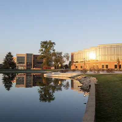 Lakeside patio at sunset
