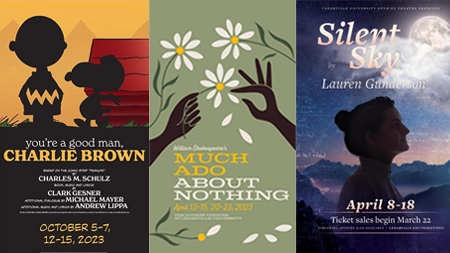 Posters for You're a Good Man, Charlie Brown; Much Ado About Nothing; and Silent Sky theatre productions.